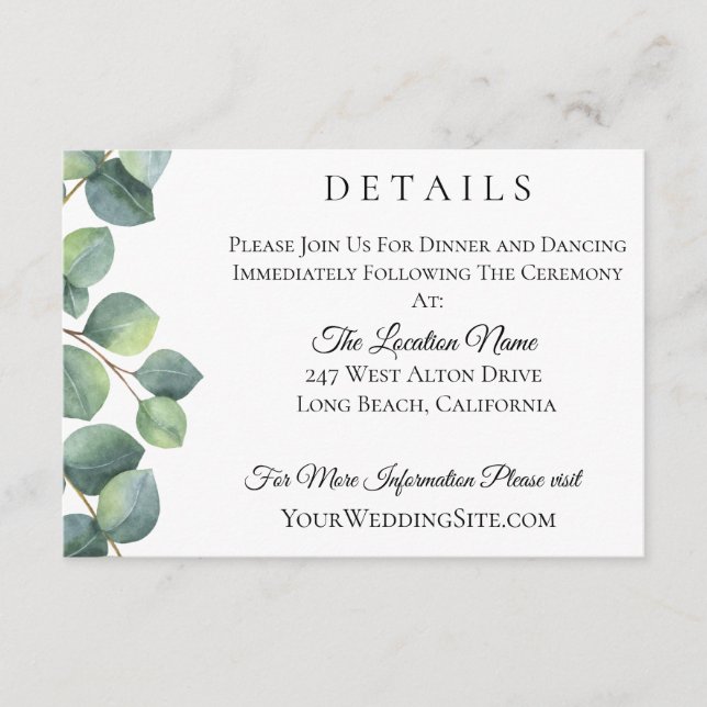 Eucalyptus Foliage Wedding Details Enclosure Card (Front)