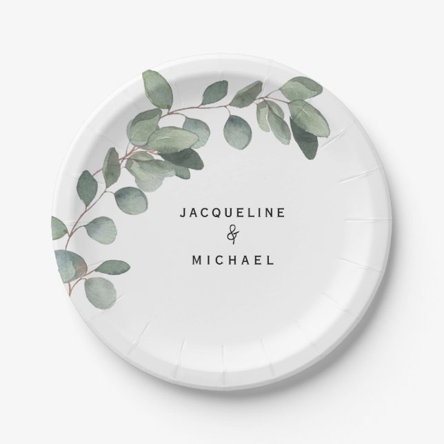 Eucalyptus Foliage Wedding Modern Names Paper Plate (Front)