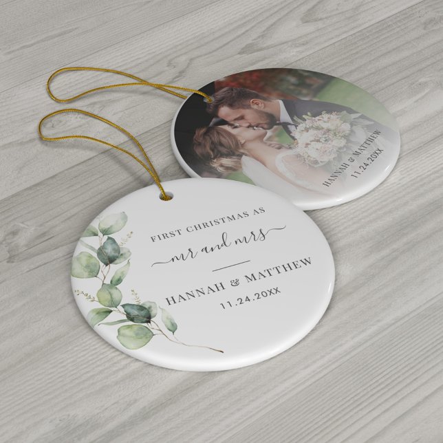 Eucalyptus Foliage Wedding Photo First Christmas Ceramic Ornament (Creator Uploaded)