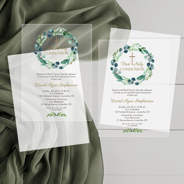 Eucalyptus Foliage Wreath Cross Boy Holy Communion Acrylic Invitations (Creator Uploaded)