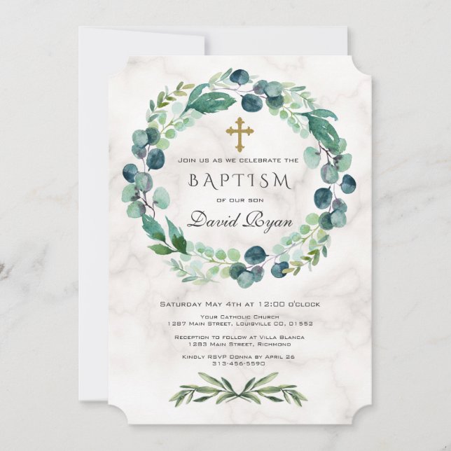 Eucalyptus Foliage Wreath Cross Marble Boy Baptism Invitation (Front)