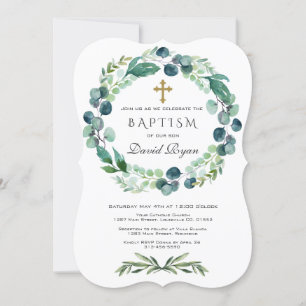 Eucalyptus Foliage Wreath Gold Cross Boy Baptism Invitation