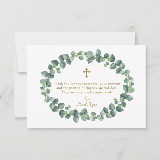 Eucalyptus Foliage Wreath Gold Cross Boy Baptism Thank You Card (Front)