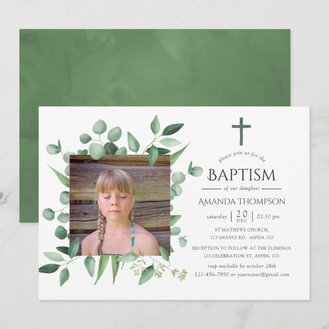 Eucalyptus Forest Greenery Baptism or Christening Invitation (Front/Back)