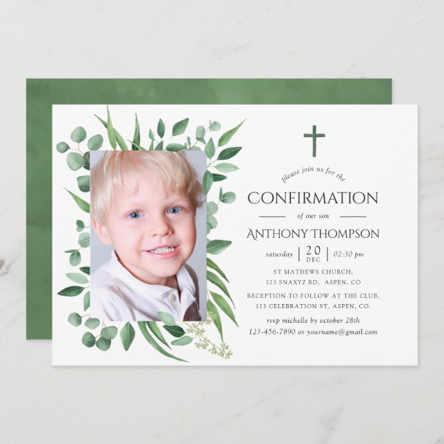 Eucalyptus Forest Greenery First Holy Communion Invitation (Front/Back)