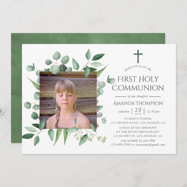 Eucalyptus Forest Greenery First Holy Communion Invitation (Front/Back)