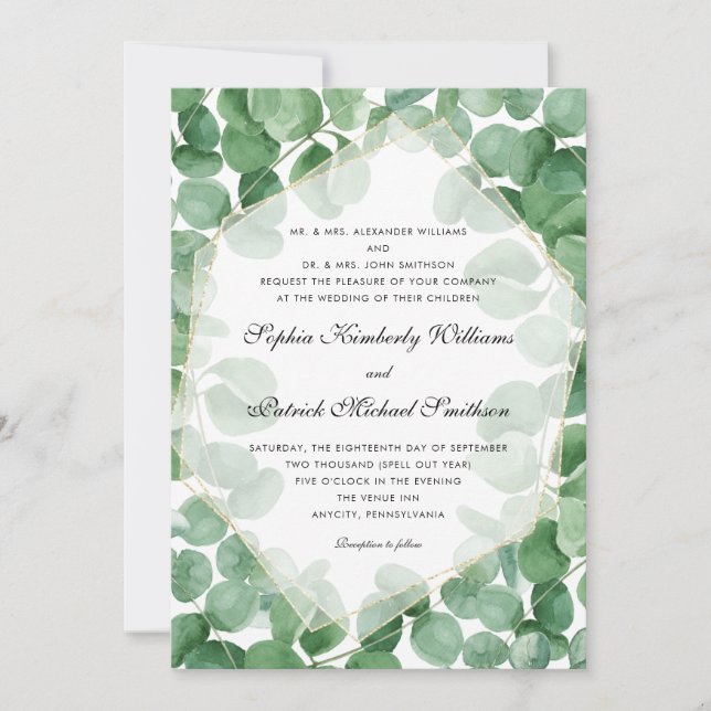 Eucalyptus formal all parents hosting wedding invitation (Front)