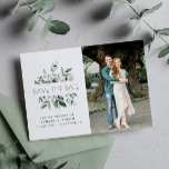 eucalyptus frame lettering wedding save the date postcard<br><div class="desc">Announce your wedding date with this stylish design that has script lettering with eucalyptus leaves and a photo of the couple . The text is editable along with the lovely image.</div>