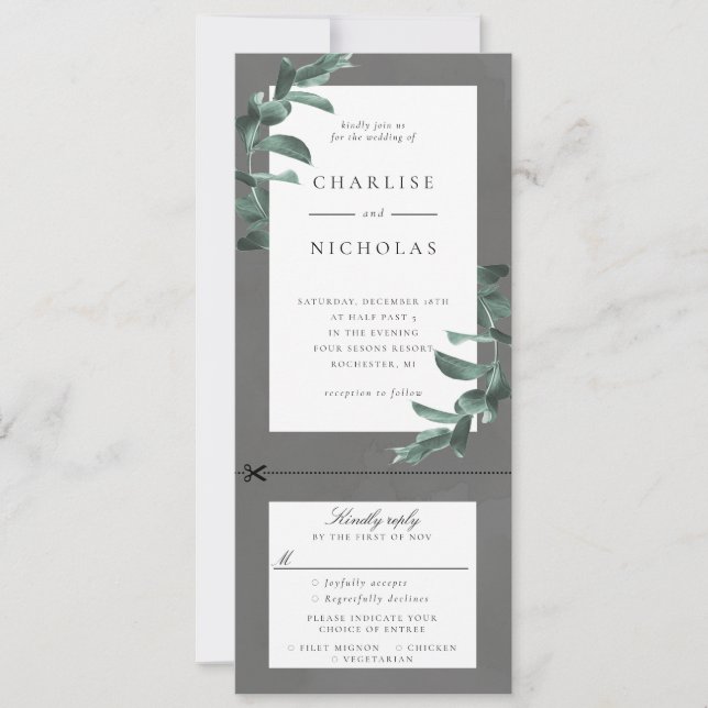 Eucalyptus frame on grey wedding invitation w rsvp (Front)