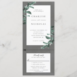 Eucalyptus frame on grey wedding invitation w rsvp