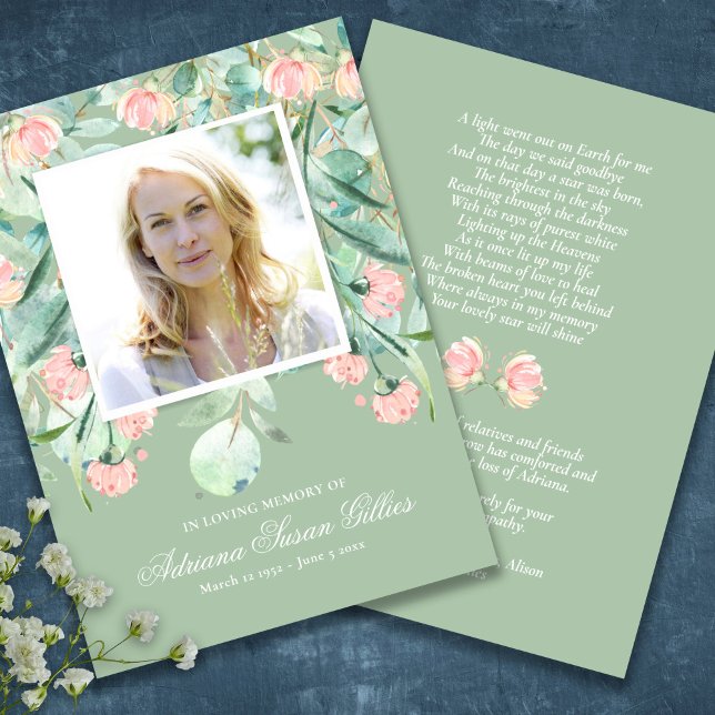 Eucalyptus Funeral Memorial Prayer Photo Card (Eucalyptus Sympathy Memorial Funeral Cards)