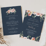 Eucalyptus Garden Rose Floral Front & Back Wedding Invitation<br><div class="desc">This eucalyptus garden rose floral front and back wedding invitation is perfect for a rustic wedding. The design features pink, blush, yellow, and rose flowers with eucalyptus leaves in a dark navy blue background. Save paper by including more details on the back of the invitation instead of on a separate...</div>