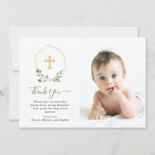 Eucalyptus Geometric and Cross   Baptism Photo Thank You Card
