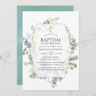 Eucalyptus Geometric Baptism 1st Birthday Invitation