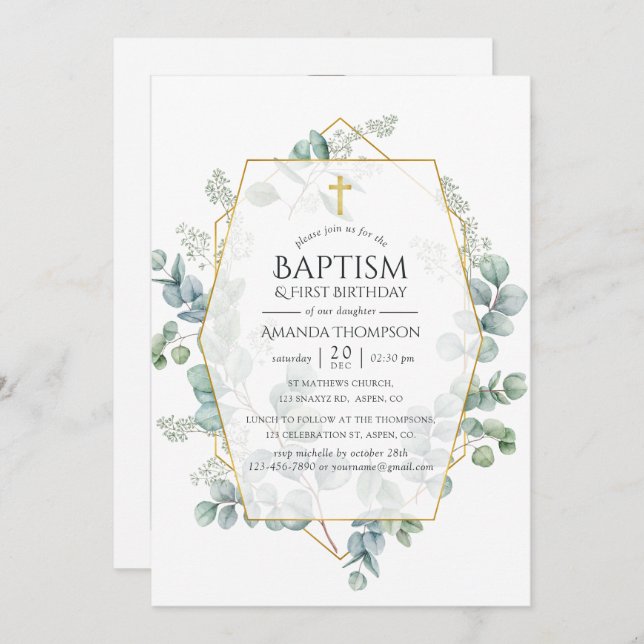 Eucalyptus Geometric Baptism 1st Birthday Photo Invitation (Front/Back)