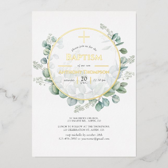 Eucalyptus Geometric Baptism Foil Invitation (Front)