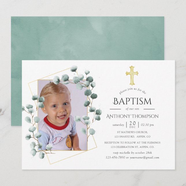 Eucalyptus Geometric Baptism or Christening Invitation (Front/Back)