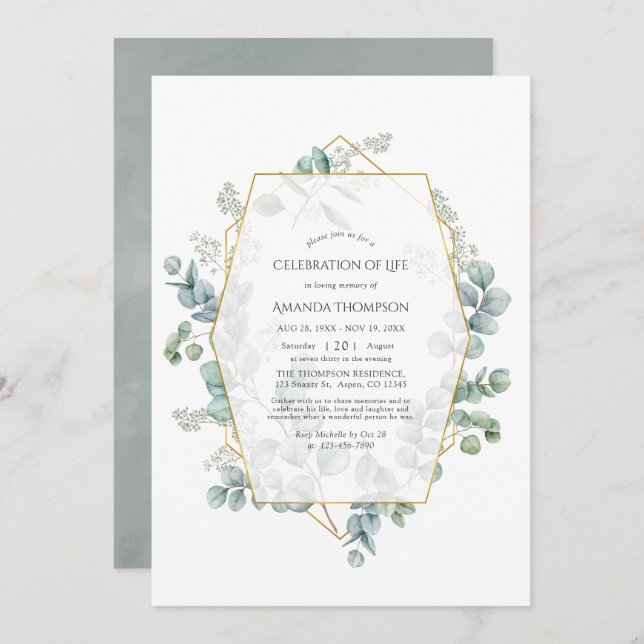 Eucalyptus Geometric Celebration of Life Photo Invitation (Front/Back)
