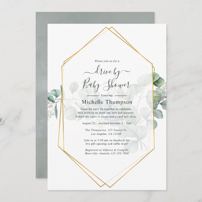 Eucalyptus Geometric Drive By Shower Invitation (Front/Back)