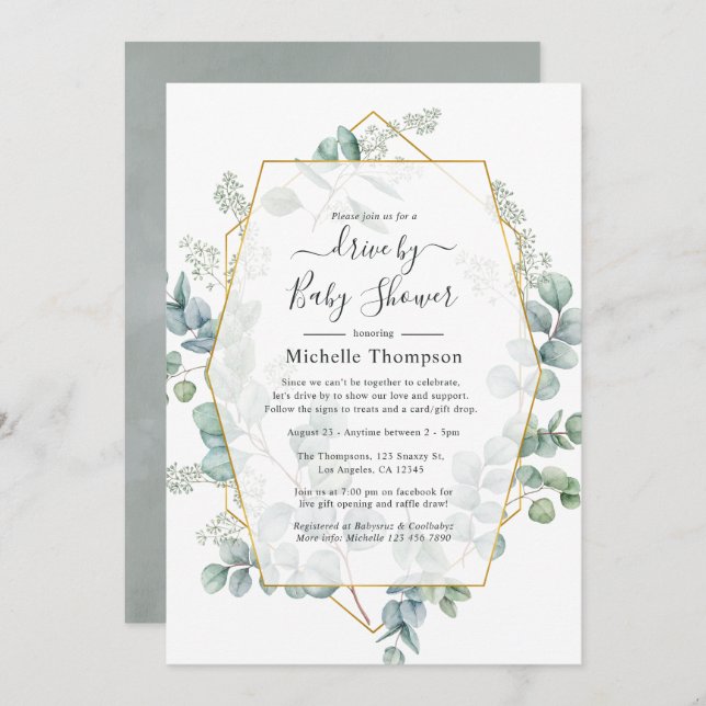 Eucalyptus Geometric Drive By Shower Invitation (Front/Back)