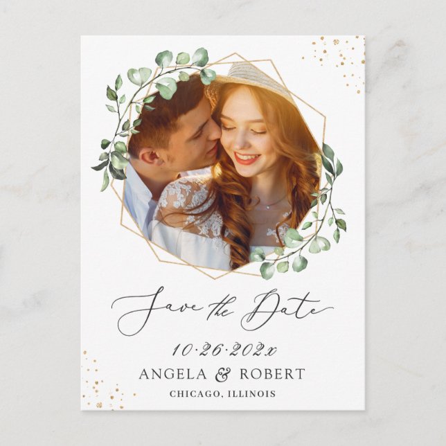 Eucalyptus Geometric Frame Photo Save the Date Postcard (Front)