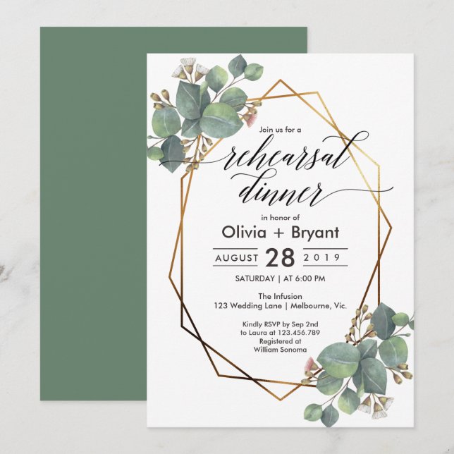 Eucalyptus geometric frame rehearsal dinner invitation (Front/Back)