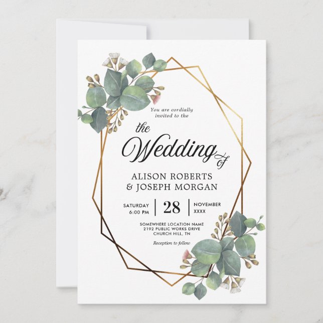 Eucalyptus geometric frame wedding invitation (Front)
