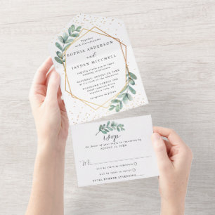 Eucalyptus Geometric Gold Foil Wedding All In One Invitation