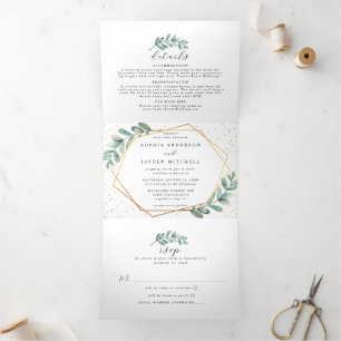 Eucalyptus Geometric Gold Foil Wedding Tri-Fold Invitation