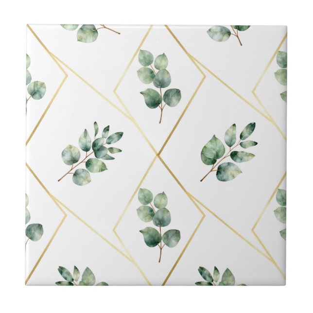 Eucalyptus Geometric Gold Pattern Ceramic Tile (Front)