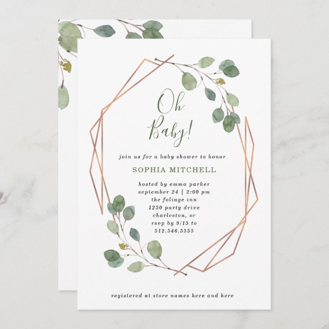Eucalyptus Geometric Rose Gold Baby Shower Oh Baby Invitation (Front/Back)