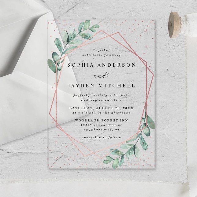 Eucalyptus Geometric Rose Gold Foil Wedding Acrylic Invitations (Creator Uploaded)