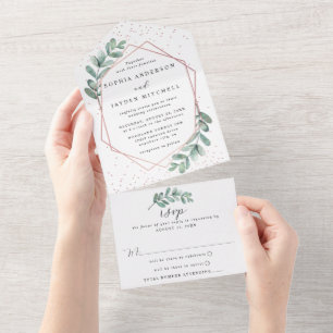 Eucalyptus Geometric Rose Gold Foil Wedding All In One Invitation