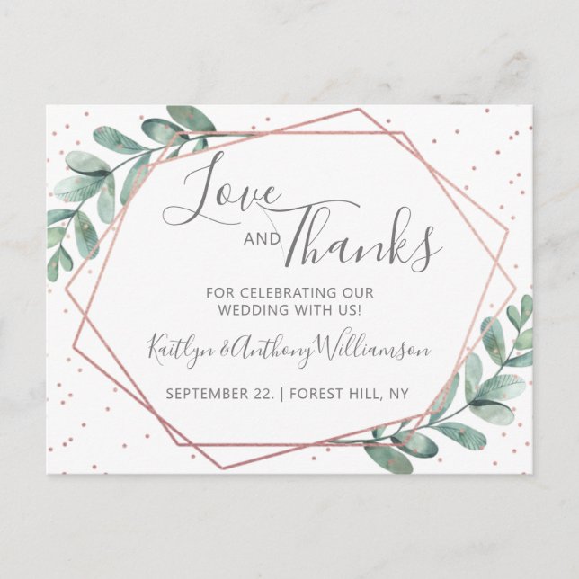Eucalyptus Geometric Rose Gold Foil Wedding Announcement Postcard (Front)