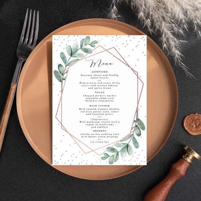Eucalyptus Geometric Rose Gold Foil Wedding Menu (Creator Uploaded)