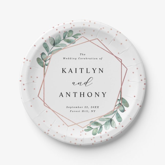 Eucalyptus Geometric Rose Gold Foil Wedding Paper Plate (Front)
