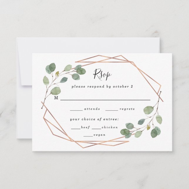 Eucalyptus Geometric Rose Gold Wedding Meal Choice RSVP Card (Front)