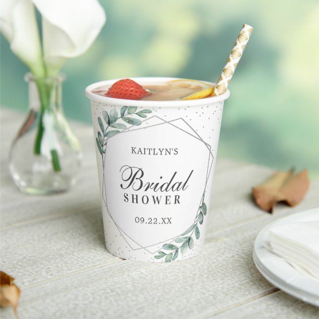 Eucalyptus Geometric Silver Foil Bridal Shower Paper Cups (Insitu)