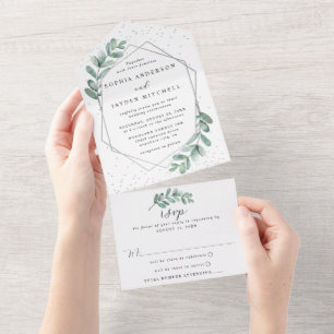 Eucalyptus Geometric Silver Foil Wedding All In One Invitation