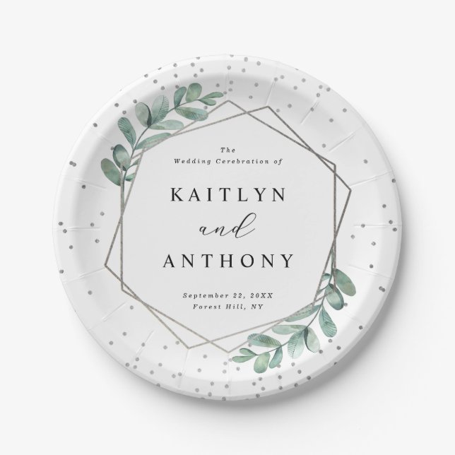 Eucalyptus Geometric Silver Foil Wedding Paper Plate (Front)