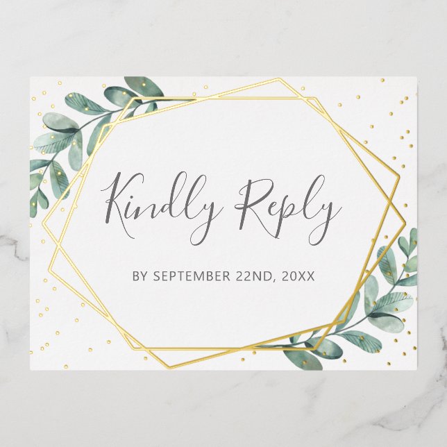 Eucalyptus Geometric Wedding RSVP Real Foil Invitation Postcard (Front)