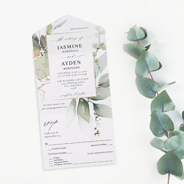 Eucalyptus Glow Gold Greenery Wedding All In One Invitation (Creator Uploaded)
