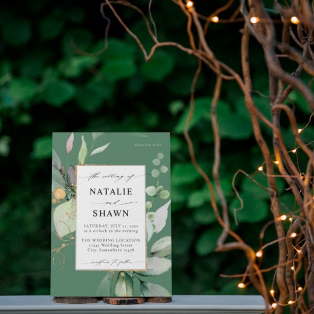 Eucalyptus Glow Gold Greenery Wedding Olive Green Invitation (Creator Uploaded)