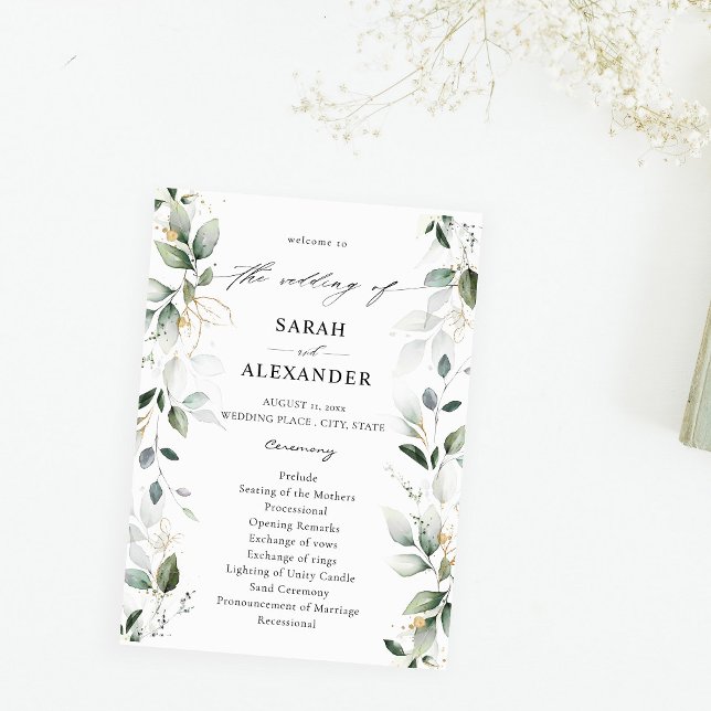 Eucalyptus Glow Gold Greenery Wedding Program 2 (Creator Uploaded)