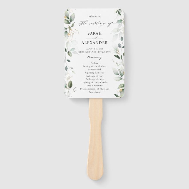 Eucalyptus Glow Gold Greenery Wedding Program 2 Hand Fan (Front)