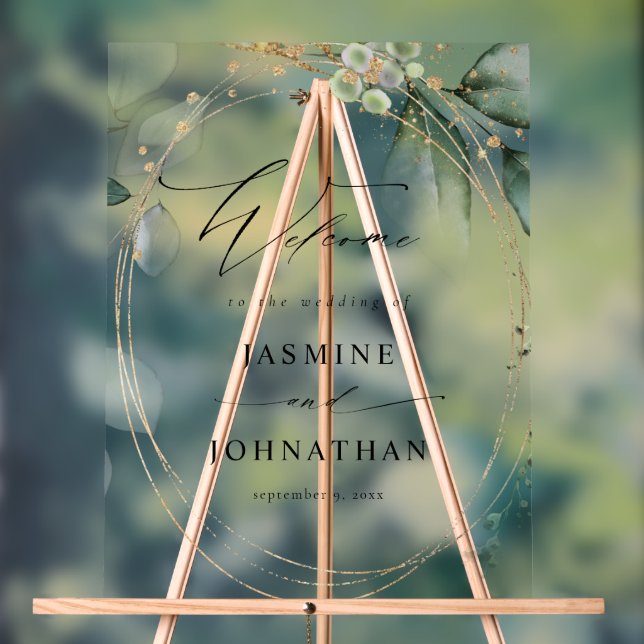 Eucalyptus Glow Gold Greenery Wedding Welcome 2 Acrylic Sign (Neutral)