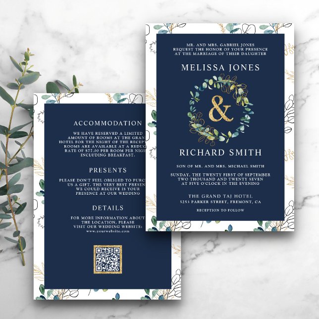 Eucalyptus Gold Ampersand QR Code Navy Wedding Invitation (Creator Uploaded)