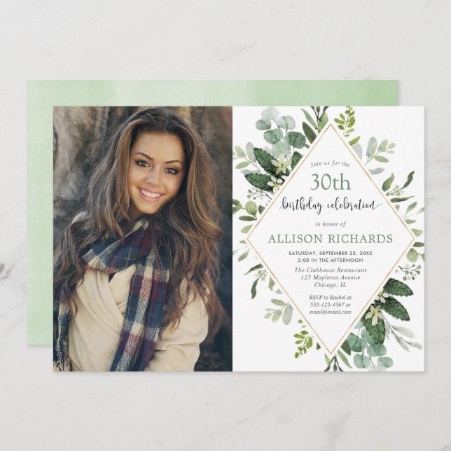 Eucalyptus gold any age adult birthday photo invitation (Front/Back)