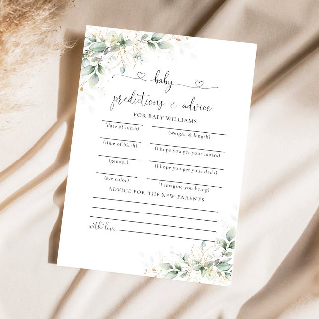 Eucalyptus Gold Baby Shower Predictions Card (Creator Uploaded)