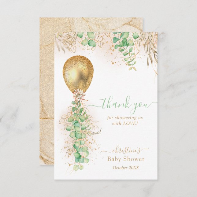Eucalyptus Gold Balloon Baby Shower Thank You Card (Front/Back)